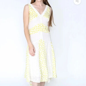ANTHROPOLOGIE LEIFNOTES Yellow Bird Print Midi Patchwork Eyelet Lace Boho Dress 